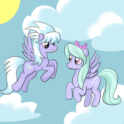 Size: 1024x1024 | Tagged: safe, artist:jellielucy, cloudchaser, flitter, pegasus, pony, female, hair bow, mare, smiling, wings