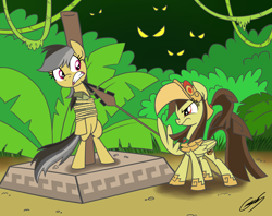 Size: 1910x1510 | Tagged: safe, artist:gearholder, daring do, oc, oc:tailcoatl, pegasus, pony, aztec, bondage, duo, female, mare, mexico, obsidian, spear, tepoztopilli, tied up, weapon, wing hold