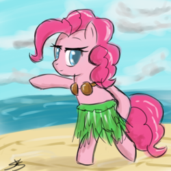 Size: 1000x1000 | Tagged: safe, artist:speccysy, pinkie pie, earth pony, pony, beach, bipedal, clothes, coconut bikini, female, grass skirt, hula, mare, skirt, solo, water