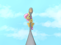 Size: 3023x2250 | Tagged: safe, artist:marsminer, fluttershy, pegasus, pony, lamp post, pont, scared, sky, solo