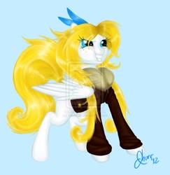 Size: 881x907 | Tagged: safe, artist:tasertail, oc, oc only, oc:frolic, blank flank, bow, clothes, jacket, solo, watermark