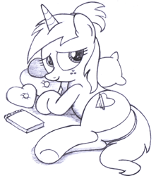 Size: 2300x2600 | Tagged: safe, artist:an-tonio, oc, oc only, oc:silver draw, pony, unicorn, freckles, monochrome, pillow, plot, solo, traditional art