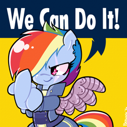 Size: 1280x1280 | Tagged: safe, artist:purrling, rainbow dash, pegasus, pony, the cutie re-mark, alternate timeline, apocalypse dash, clothes, crystal war timeline, feminism, parody, poster, rosie the riveter, scar, solo, world war ii