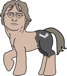 Size: 680x774 | Tagged: safe, earth pony, pony, cursed image, cutie mark, gabe newell, glasses, human head pony, looking at you, male, ponified, raised hoof, simple background, solo, stallion, steam logo, wat, white background