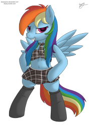 Size: 1833x2500 | Tagged: safe, artist:skipsy, rainbow dash, pegasus, pony, belly button, bipedal, clothes, female, looking at you, midriff, necktie, short shirt, signature, simple background, skirt, socks, solo, spread wings, transparent background, wings