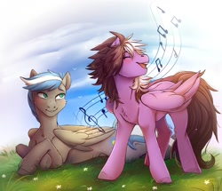 Size: 964x829 | Tagged: safe, artist:1an1, derpibooru import, oc, oc only, oc:cloud zapper, oc:stormblaze, pegasus, pony, blushing, chest fluff, duo, eyes closed, music notes, prone, singing