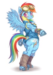 Size: 595x841 | Tagged: safe, artist:hoihoi, rainbow dash, anthro, semi-anthro, arm hooves, ass, gaiters, goggles, muscles, pixiv, rainbuff dash, simple background, solo