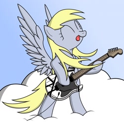 Size: 2417x2377 | Tagged: safe, artist:friendshipismetal777, derpy hooves, pony, bipedal, cloud, electric guitar, eyes closed, guitar, musical instrument, playing, smiling, solo, standing, tongue out