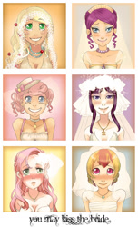 Size: 826x1363 | Tagged: safe, artist:zoe-productions, applejack, fluttershy, pinkie pie, rainbow dash, rarity, twilight sparkle, human, bride, clothes, crying, dress, female, happy, humanized, mane six, smiling, tears of joy, wedding, wedding dress