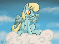 Size: 4000x3000 | Tagged: safe, artist:pirill, sassaflash, pegasus, pony, 30 minute art challenge, biting, cloud, cloudy, cute, ear fluff, female, mare, preening, raised hoof, sitting, sitting on cloud, sky, smiling, solo, wing bite, wing fluff