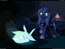 Size: 1285x964 | Tagged: safe, artist:droll3, princess luna, alicorn, pony, castle of the royal pony sisters, crossover, everfree forest, ori, ori and the blind forest, rain, raised hoof, s1 luna, wet, wet mane