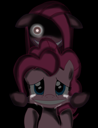 Size: 900x1172 | Tagged: safe, artist:usagifriday, pinkie pie, earth pony, pony, black background, creepy, crying, duality, female, grin, mare, pinkamena diane pie, simple background, smiling, solo