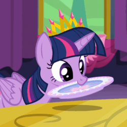 Size: 486x486 | Tagged: safe, edit, edited screencap, screencap, twilight sparkle, twilight sparkle (alicorn), alicorn, pony, no second prances, animated, chewing, crown, cute, eating, female, majestic as fuck, mare, mouth hold, munching, nom, plate, proper silverware placement, silly, silly pony, smiling, solo, table, twiabetes, vibrating, wat