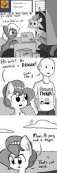 Size: 689x2067 | Tagged: safe, artist:tjpones, oc, oc only, oc:brownie bun, oc:dragon wife, oc:gerdie, oc:richard, oc:treasure trotonopolis, dragon, griffon, horse wife, comic, double standard, grayscale, hypocritical humor, irony, monochrome, pun, slice of life, tumblr, visual pun