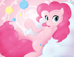 Size: 900x695 | Tagged: safe, artist:coco-the-personer, pinkie pie, earth pony, pony, abstract background, balloon, cloud, cute, cutie mark, female, grin, hooves, looking at you, lying on a cloud, mare, on a cloud, on back, smiling, solo