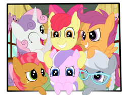 Size: 2592x1936 | Tagged: safe, artist:squipycheetah, apple bloom, babs seed, diamond tiara, scootaloo, silver spoon, sweetie belle, crusaders of the lost mark, adorababs, adorabloom, breaking the fourth wall, clubhouse, crusaderbetes, crusaders clubhouse, cute, cutealoo, cutie mark crusaders, diamondbetes, diasweetes, fourth wall, happy, looking at you, looking up, missing accessory, one eye closed, open mouth, picture, picture frame, raised hoof, reformed, silverbetes, simple background, smiling, spread wings, teeth, transparent background, vector, waving, wink