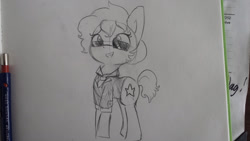 Size: 1280x720 | Tagged: safe, artist:tjpones, oc, oc only, oc:holly wood, pony, cute, grayscale, lineart, monochrome, necktie, solo, sunglasses, talent agent, traditional art