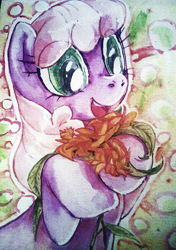 Size: 705x1000 | Tagged: safe, artist:buttercupsaiyan, cheerilee, earth pony, pony, abstract background, female, flower, happy, mare, rearing, solo, traditional art