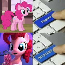 Size: 500x501 | Tagged: safe, derpibooru import, edit, edited screencap, screencap, pinkie pie, earth pony, pony, hello pinkie pie, 3d, cgi, female, keyboard, mare, meme, upgrade meme, vulgar