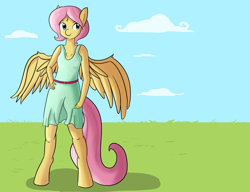 Size: 1280x981 | Tagged: safe, artist:tjpones, fluttershy, anthro, unguligrade anthro, bipedal, clothes, dress, solo