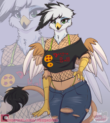 Size: 2500x2800 | Tagged: safe, artist:pinktabico, derpibooru import, oc, oc only, oc:ginger feathershy, anthro, griffon, beauty mark, belly button, bra strap, clothes, colored wings, dragon ball, eyebrow piercing, fishnet stockings, griffon oc, hand on hip, multicolored wings, panties, panty line, piercing, short shirt, tail, thong, torn clothes, underwear, wings, zoom layer