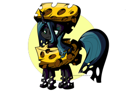 Size: 2200x1600 | Tagged: safe, artist:therandomjoyrider, queen chrysalis, changeling, changeling queen, cheese, cheese hat, cheeselegs, food, hat, queen chrysalis is not amused, queen swissalis, solo, unamused