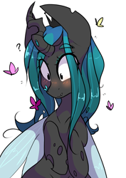 Size: 2893x4092 | Tagged: safe, artist:cookietasticx3, queen chrysalis, butterfly, changeling, changeling queen, blushing, butterfly on nose, confused, cute, cutealis, female, insect on nose, simple background, solo, white background