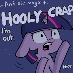 Size: 726x726 | Tagged: safe, artist:tjpones, twilight sparkle, twilight sparkle (alicorn), alicorn, pony, female, i'm out, implied trixie, mare, nope, offscreen character, out of context, solo, swearing, vulgar, wat