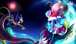 Size: 2070x1200 | Tagged: safe, artist:bakki, discord, princess luna, alicorn, draconequus, pony, christmas, cute, duo, female, filly, flying, hat, holiday, male, mare, santa claus, santa hat, santa woona, sleigh, woona