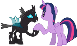 Size: 9988x5914 | Tagged: safe, artist:pink1ejack, thorax, twilight sparkle, twilight sparkle (alicorn), alicorn, changeling, pony, the times they are a changeling, absurd resolution, crying, eye contact, holding hooves, open mouth, plot, raised hoof, simple background, smiling, tears of joy, that was fast, transparent background, vector