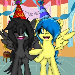 Size: 708x708 | Tagged: safe, artist:theumbreondude, oc, oc only, oc:blueberry blitz, oc:manga-me, pegasus, pony, happy, hat, party hat