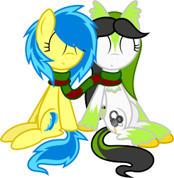 Size: 4221x4308 | Tagged: safe, artist:blueblitzie, oc, oc only, oc:blueberry blitz, oc:stormberry, pegasus, pony, absurd resolution, clothes, happy, scarf, shared clothing, shared scarf, simple background, transparent background, unshorn fetlocks