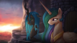 Size: 2160x1215 | Tagged: safe, artist:starblaze25, princess celestia, queen chrysalis, alicorn, changeling, changeling queen, pony, a change of heart, balcony, castle, chryslestia, female, lesbian, mare, shipping