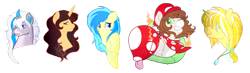 Size: 1024x297 | Tagged: safe, artist:starkindlerstudio, oc, oc only, oc:8-bit, oc:blueberry blitz, oc:khloe, oc:norrsken, earth pony, pegasus, pony, unicorn, bust, colored pupils, necklace, portrait