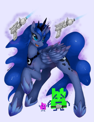 Size: 773x1000 | Tagged: dead source, safe, artist:slugbox, princess luna, alicorn, pony, aqua teen hunger force, belt, crossover, cute, err, female, foreigner, foreigner belt, gun, ignignokt, laser gun, laser pistol, magic, mare, mooninites, moonraker, open mouth, raised hoof, shiny, simple background, smiling, telekinesis, weapon