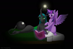 Size: 1652x1110 | Tagged: safe, artist:axelchangeling, queen chrysalis, twilight sparkle, twilight sparkle (alicorn), alicorn, changeling, changeling queen, pony, ball and chain, bed, bittersweet, book, chains, cute, cutealis, dark, duo, duo female, fanfic, fanfic art, female, imprisoned, jail, magic, pillow, reading, redemption, reformed, sad, twiabetes