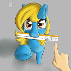 Size: 1200x1200 | Tagged: safe, artist:jellerjar, artist:lurkie-oh, oc, oc:internet explorer, human, pony, browser ponies, crying, cute, hand, internet explorer, mouth hold, ponified, pov, sad