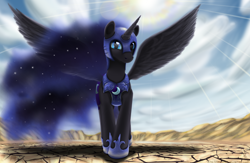 Size: 2274x1483 | Tagged: dead source, safe, artist:sonicrainboom93, nightmare moon, alicorn, pony, crepuscular rays, female, mare, solo, spread wings, wings