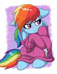 Size: 1275x1650 | Tagged: safe, artist:latecustomer, rainbow dash, pegasus, pony, blushing, clothes, cute, dashabetes, female, floppy ears, mare, oversized clothes, rainbow dash always dresses in style, solo, sweater, tsunderainbow, tsundere