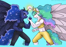 Size: 1200x857 | Tagged: safe, artist:kaemantis, derpibooru import, princess celestia, princess luna, alicorn, anthro, between dark and dawn, arm wrestling, clothes, commission, female, horn, horns are touching, large wings, muscles, princess muscle moona, princess musclestia, royal sisters, shorts, smiling, wings