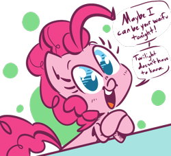 Size: 880x800 | Tagged: safe, artist:tess, pinkie pie, earth pony, pony, abstract background, bronybait, crossed hooves, cute, dialogue, diapinkes, dilemma, female, looking at you, mare, no pupils, open mouth, solo, speech bubble, waifu