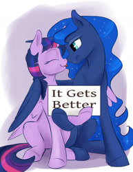 Size: 1280x1656 | Tagged: safe, artist:silfoe, princess luna, twilight sparkle, twilight sparkle (alicorn), alicorn, pony, :p, boop, cute, eyes closed, female, grin, hug, inspirational, it gets better, lesbian, lidded eyes, mare, missing accessory, nose wrinkle, noseboop, nuzzling, positive message, positive ponies, shipping, sign, sitting, smiling, tongue out, twiabetes, twiluna, winghug