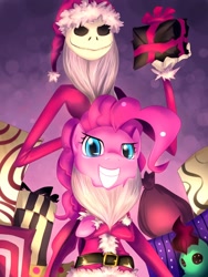 Size: 600x800 | Tagged: safe, artist:bakki, pinkie pie, earth pony, pony, beard, bipedal, clothes, costume, crossed hooves, crossover, duo, female, jack skellington, mare, parody, present, the nightmare before christmas, tim burton