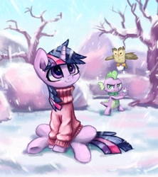 Size: 4617x5211 | Tagged: safe, artist:inowiseei, part of a set, owlowiscious, spike, twilight sparkle, dragon, pony, unicorn, absurd resolution, clothes, female, male, mare, scheming, smiling, snow, snowball, snowfall, sweater, winter