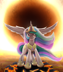 Size: 1400x1600 | Tagged: safe, artist:sonicrainboom93, princess celestia, alicorn, pony, angry, backlighting, badass, epic, female, glare, looking at you, mare, solo, spread wings, sun