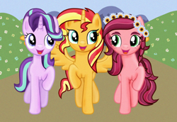 Size: 1294x891 | Tagged: safe, artist:majkashinoda626, gloriosa daisy, starlight glimmer, sunset shimmer, alicorn, pony, equestria girls, legend of everfree, alicornified, equestria girls ponified, freckles, happy, looking at each other, open mouth, ponified, race swap, raised hoof, reformed, shimmercorn, smiling, spread wings, trio