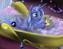 Size: 1280x989 | Tagged: safe, artist:silfoe, princess luna, alicorn, pony, bath, bubble, bubble bath, colored sketch, cute, female, happy, hoof hold, lunabetes, mare, missing accessory, on the moon for too long, open mouth, rubber duck, s1 luna, silfoe is trying to murder us, smiling, solo, water, wet mane