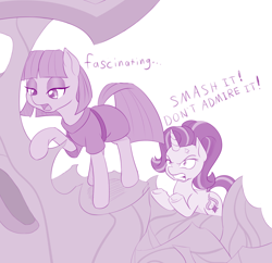 Size: 1138x1100 | Tagged: safe, artist:dstears, maud pie, starlight glimmer, pony, unicorn, to where and back again, angry, cross-popping veins, dialogue, duo, glare, gritted teeth, hilarious in hindsight, lidded eyes, monochrome, open mouth, raised hoof, simple background, throne, underhoof, white background