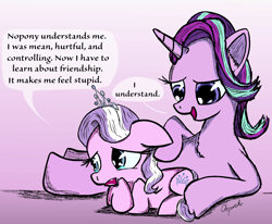 Size: 1750x1442 | Tagged: safe, artist:chopsticks, diamond tiara, starlight glimmer, pony, unicorn, colored, cute, daaaaaaaaaaaw, dialogue, digital art, gradient background, reformed