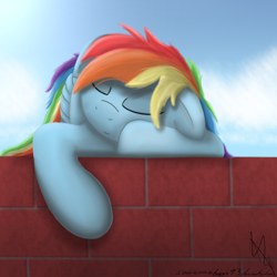 Size: 2000x2000 | Tagged: safe, artist:sonicrainboom93, rainbow dash, pegasus, pony, brick wall, female, floppy ears, high res, mare, sleeping, solo